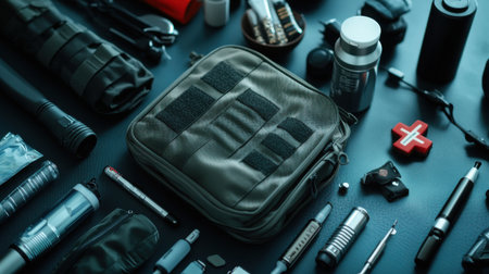 A variety of items are laid out on a table, including a first aid kit, a pack of cigarettes, and a bottle of pills. Concept of preparedness and practicalityの素材