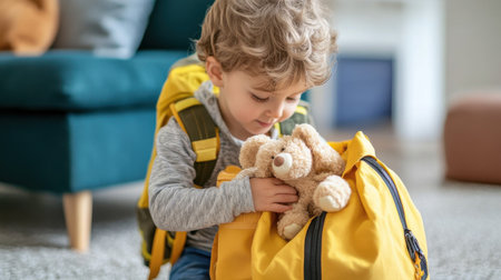A young boy is holding a stuffed animal in a yellow backpack. The scene is casual and playful, with the boy looking at the camera and smilingの素材