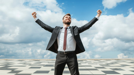 A man in a suit and tie is standing on a rooftop, celebrating his success. Concept of accomplishment and joy, as the man is raising his arms in the air. The rooftop setting adds a sense of freedomの素材