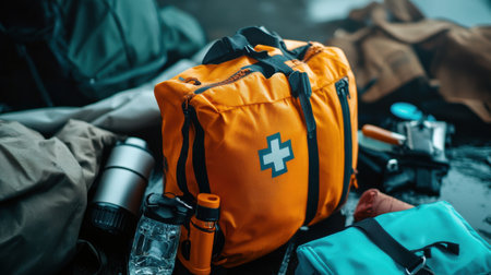 A backpack with an orange bandanna and a green cross on it. The backpack is on top of a pile of clothes and other itemsの素材