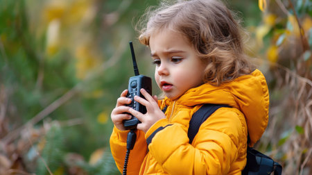 A young girl is holding a walkie talkie in the woods. She is wearing a yellow jacket and a backpackの素材