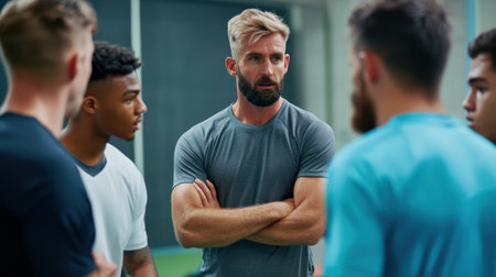 A man with a beard and a shirt that says "I am a man" stands with his arms crossed in front of a group of menの素材