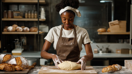 A woman is making bread in a bakery. She is wearing an apron and a headbandの素材