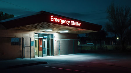 The emergency shelter is lit up at night. The building is red and white. The entrance is openの素材