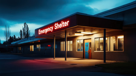 The emergency shelter is lit up in red. The building is empty. The sky is dark and cloudyの素材
