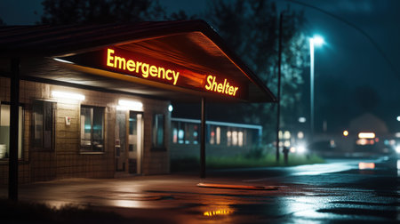 A building with a sign that says Emergency Shelter. The building is lit up at night. Scene is serious and importantの素材
