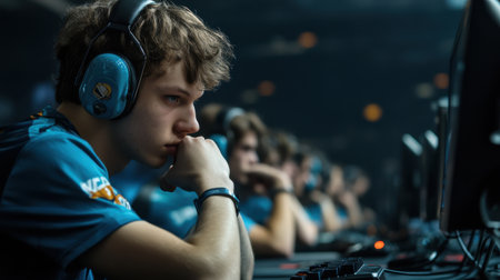 A man wearing a blue shirt with the letters NC on it is wearing headphones and looking at a computer screenの素材