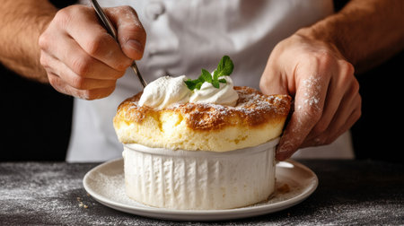 A chef is making a dessert with whipped cream and mint. The dessert is in a white bowl and is placed on a plateの素材