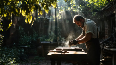 A man is working on a project in a woodshop. The atmosphere is calm and focused, with the man concentrating on his taskの素材