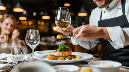 A man is serving food to a woman at a restaurant. The man is holding a fork and a knife, and he is about to put a piece of food on the woman's plate. The woman is smilingの素材