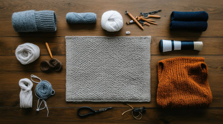 A table with a variety of yarns and knitting supplies. The table is covered with a white cloth and a few knitting needles. The scene is cozy and inviting, with the yarnsの素材