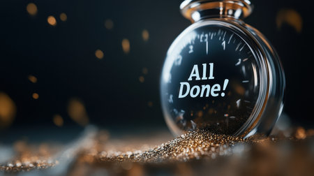 A clock with the words All Done written on it. The clock is on a table with a pile of glitterの素材
