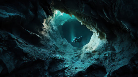 A man is diving into a deep blue cave. The cave is dark and the water is murkyの素材