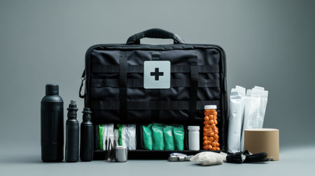 A black bag with a white cross on it is filled with medical supplies. The bag is placed on a grey surfaceの素材