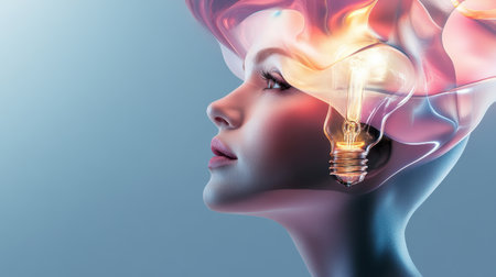 A woman's face is shown with a light bulb in her head. Concept of intelligence and creativity, as the light bulb represents an idea or thoughtの素材