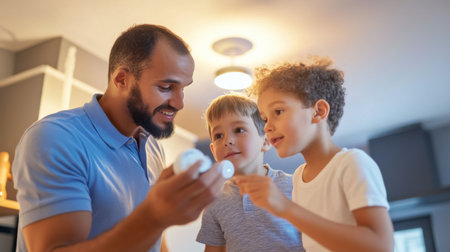 A man is holding a remote control and smiling at two children. The children are looking at the remote control with curiosityの素材