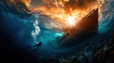 A man is diving into the ocean and a ship is in the background. The sky is orange and the water is blueの素材