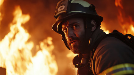 A firefighter is standing in front of a burning building. The fire is intense and the firefighter is wearing a helmet and a jacketの素材