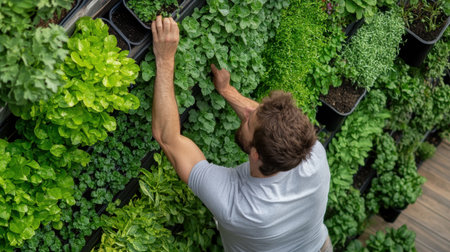 A man is reaching for a plant in a greenhouse. The plants are green and growing in a wallの素材