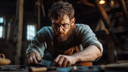 A man with a beard and glasses is working on a project in a workshop. He is focused and determined, likely putting in a lot of effort to complete the task. The workshop is filled with various toolsの素材