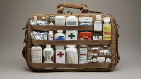 A brown bag with many different types of medicine inside. The bag is open and the medicine is visibleの素材