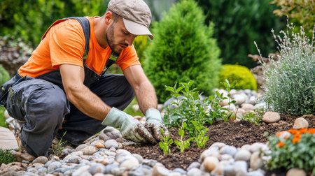 A man in an orange shirt is planting a garden. He is wearing a hat and gloves. The garden is surrounded by rocks and bushesの素材