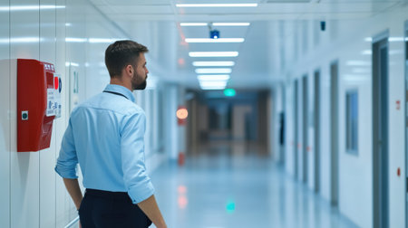 A man in a blue shirt stands in a hallway with a red fire alarm on the wall. The hallway is empty and the man is waiting for someoneの素材
