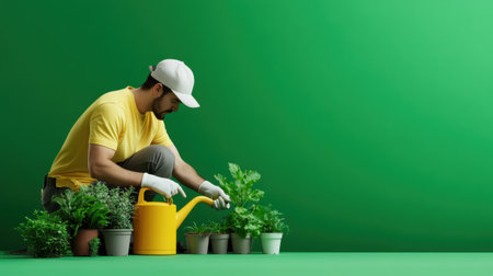 A man in a yellow shirt is watering plants in a green room. The plants are in small pots and the man is using a yellow watering can. The room has a bright and cheerful atmosphereの素材