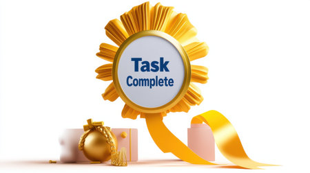 A gold and white badge with the words "Task Complete" written in blue. The badge is surrounded by a yellow ribbon and a gold ballの素材