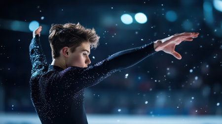 A young man in a black outfit is skating on ice. He is wearing a black jacket and black pantsの素材