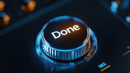 A button with the word Done on it. The button is blue and has a black outline. The button is surrounded by a black backgroundの素材