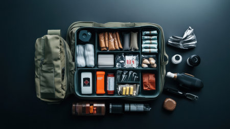 A bag of supplies is opened on a table. The bag contains a variety of items, including a camera, a knife, and a bottle of water. Concept of preparedness and readiness for any situationの素材