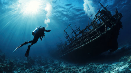 A man is diving in the ocean and the water is very clear. The sun is shining brightly and the water is very deepの素材