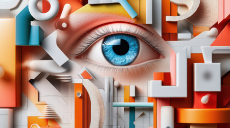 A close up of a blue eye with a white background. The eye is surrounded by a colorful abstract patternの素材