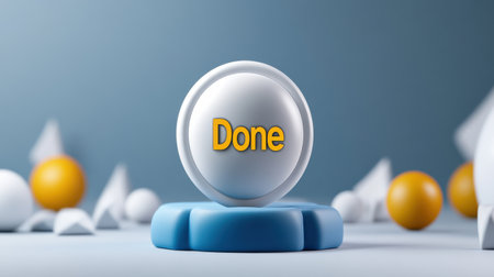 A white and yellow button with the word Done written on it. The button is placed on a blue surface with other round objects surrounding it. Concept of completion and accomplishmentの素材