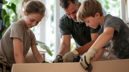 A man and two children are working on a project together. The man is wearing gloves and the children are wearing shirtsの素材