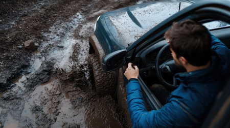 A man in a blue jacket is driving a car through a muddy road. He is looking at the rearview mirror and he is focused on the road aheadの素材