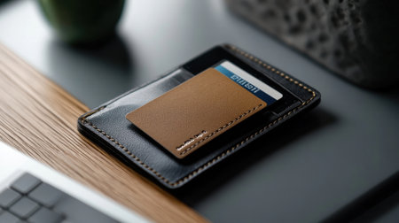 A wallet with a card inside is on a table. The wallet is brown and has a blue stripeの素材