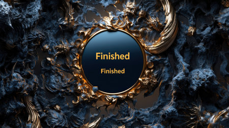 A blue and gold circle with the word "finished" written in gold. The image has a futuristic and artistic feel to itの素材