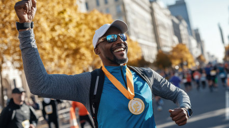 A man is running with a medal around his neck and a big smile on his face. He is celebrating his victory in a raceの素材