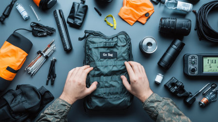 A person is holding a bag with a label that says G.O.D. On it. The bag is surrounded by various items, including a camera, a bottle, and a knifeの素材