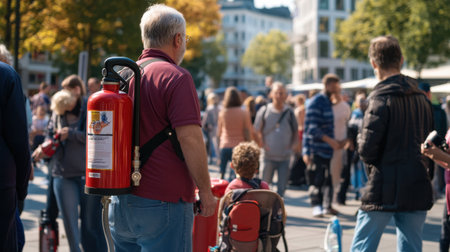 A man wearing a red shirt is holding a red fire extinguisher. He is surrounded by a crowd of peopleの素材