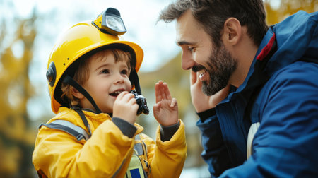 A man and a child are smiling at each other. The man is wearing a yellow helmet and the child is wearing a yellow jacketの素材