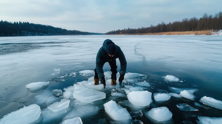 A man is standing in a body of water with ice chunks all around him. He is wearing a black jacket and a blue hat. The scene is cold and desolate, with the man being the only person in the areaの素材