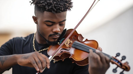 A man playing the violin with a black shirt on. The man is playing the violin with a lot of emotion and passionの素材