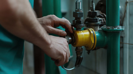 A man is fixing a pipe with a yellow cap. Concept of repair and maintenance, as the man is working on a crucial part of a building's plumbing systemの素材