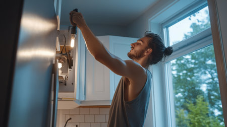A man is fixing a light fixture in a kitchen. The light fixture is hanging from the ceiling and the man is using a screwdriver to remove it. The kitchen is well lit and the man is focused on his taskの素材