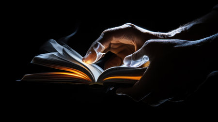 A hand is holding an open book with a glowing finger. Concept of curiosity and wonder, as if the person is eager to explore the contents of the book. The glowing finger adds a touch of magicの素材