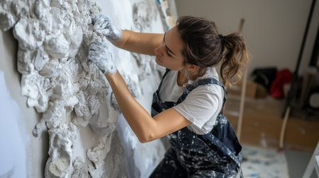 A woman is painting a wall with a white substance. She is wearing a blue apron and has her hair in a ponytail. Scene is calm and focused, as the woman is concentrating on her taskの素材