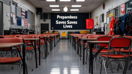 A classroom with a banner on the wall that says "Preparedness saves lives". The room is empty with many red chairs and tablesの素材